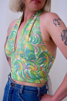 Halter top made from Vintage 1950s Feather Print Rayon. Size Medium.