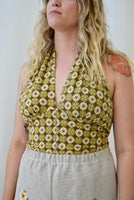 Yellow and Brown Mosaic Pattern Vintage 70s Cotton Print Halter Top. Size Large.