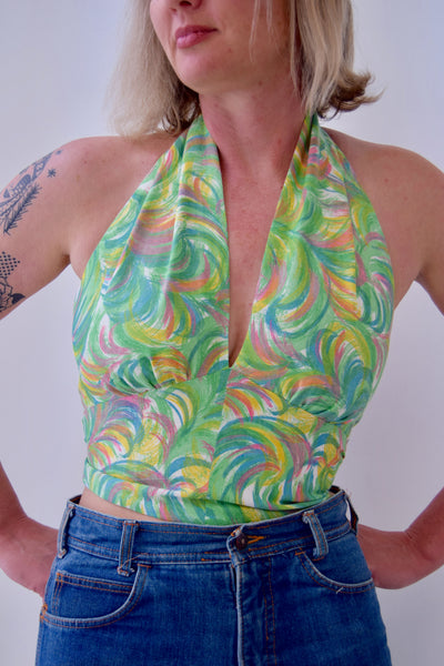 Halter top made from Vintage 1950s Feather Print Rayon. Size Medium.