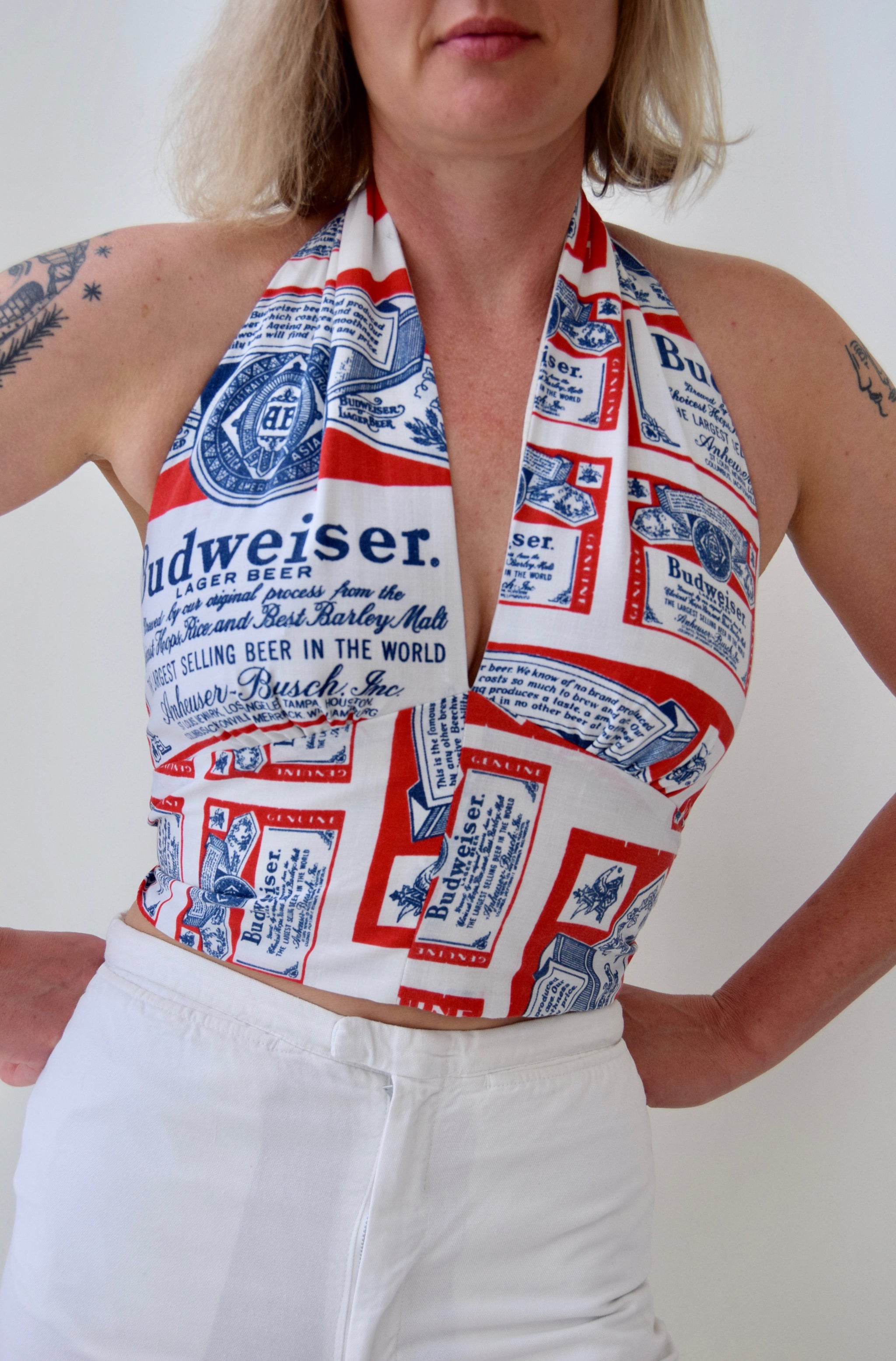 Halter Top Made from Vintage 1970s Budweiser Logo Fabric