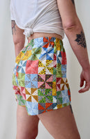 Simple High Waisted Summer Shorts Made from Vintage 1970s Quilt Print Cotton. Size Medium.