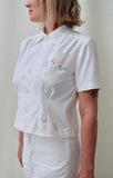 White Cotton 1950s Style Blouse with Embroidered Bunnies. Size Medium.